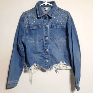 Womens Jean Jacket Long Sleeve Studded Rhinestone Distressed Denim Coat Sz Large